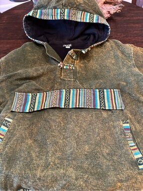 Jayli Olive Green Hooded Pullover with Multicolor Tribal Trim
